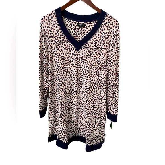 Kate Spade Women’s Sweater Knit V-Neck PJ Sleepshirt Nightgown Leopard Spot XS - Picture 1 of 9